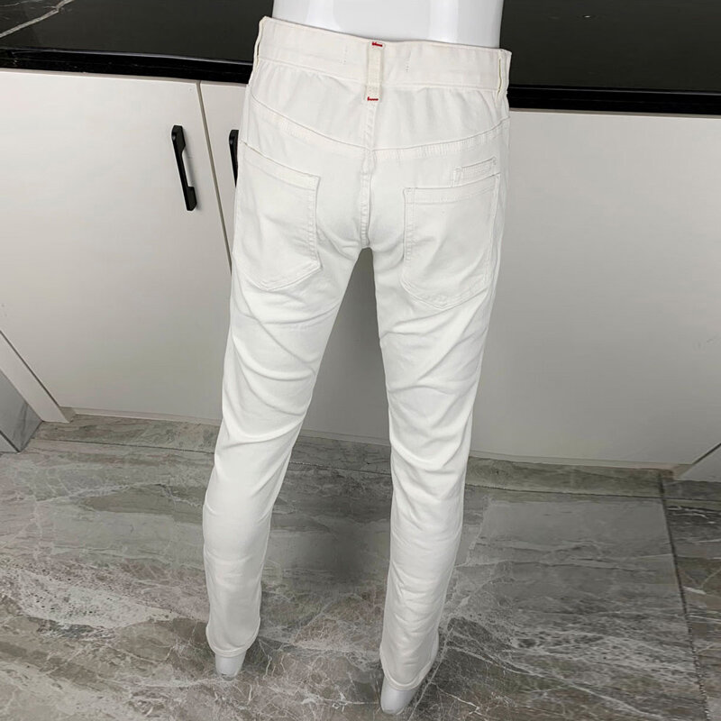 Джинсы мужские стрейчевые, уличная одежда, модные облегающие белые джинсы, винтажные дизайнерские Брендовые брюки из денима