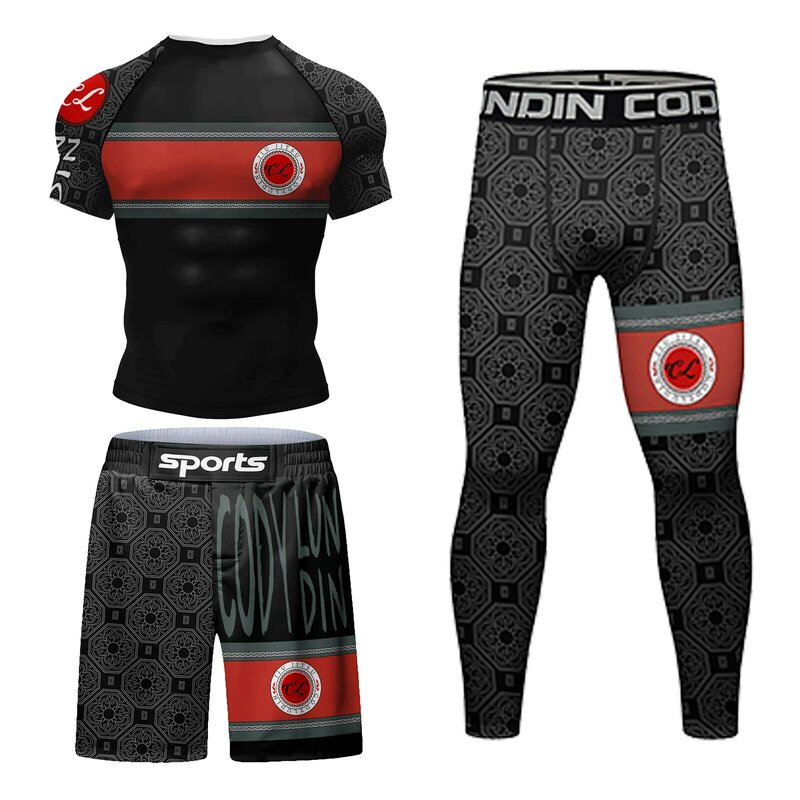 Wholesale Clothing 3D Sport Rash Guard Short Sleeve Tight Shirt Jiu Jitsu Brazilian Men's Pants with Pattern Cody Lundin Set