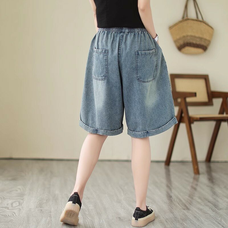 Calções jeans grandes para mulheres, verão, cintura elástica, solta, perna larga, preto, azul, tamanho grande, calções midi femininos, 2022