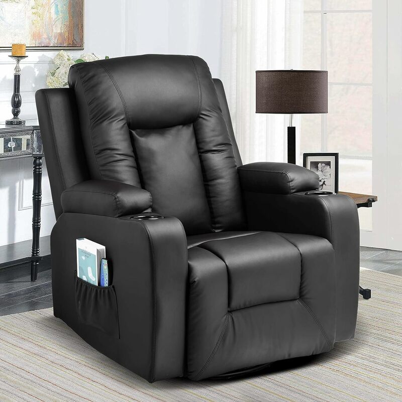 Commad-silla reclinable de cuero, sillón basculante con masaje calentado, ergonómico, giratorio de 360 grados, individual, soporte para bebidas