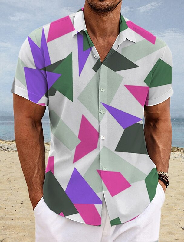 Hawaii kemeja pantai pola geometris pria, pakaian kasual lengan pendek jalan Turndown cetakan gradien Hawaii musim panas