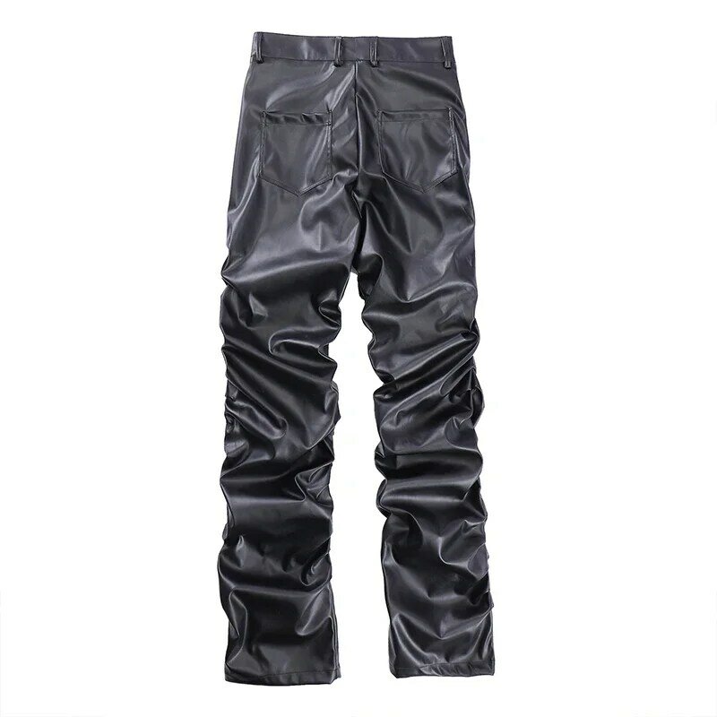 Hip Hop Mens Pleated Pu Leather Pants Harajuku Retro Streetwear Loose Ruched Casual Trousers Straight Solid Color Black Pants