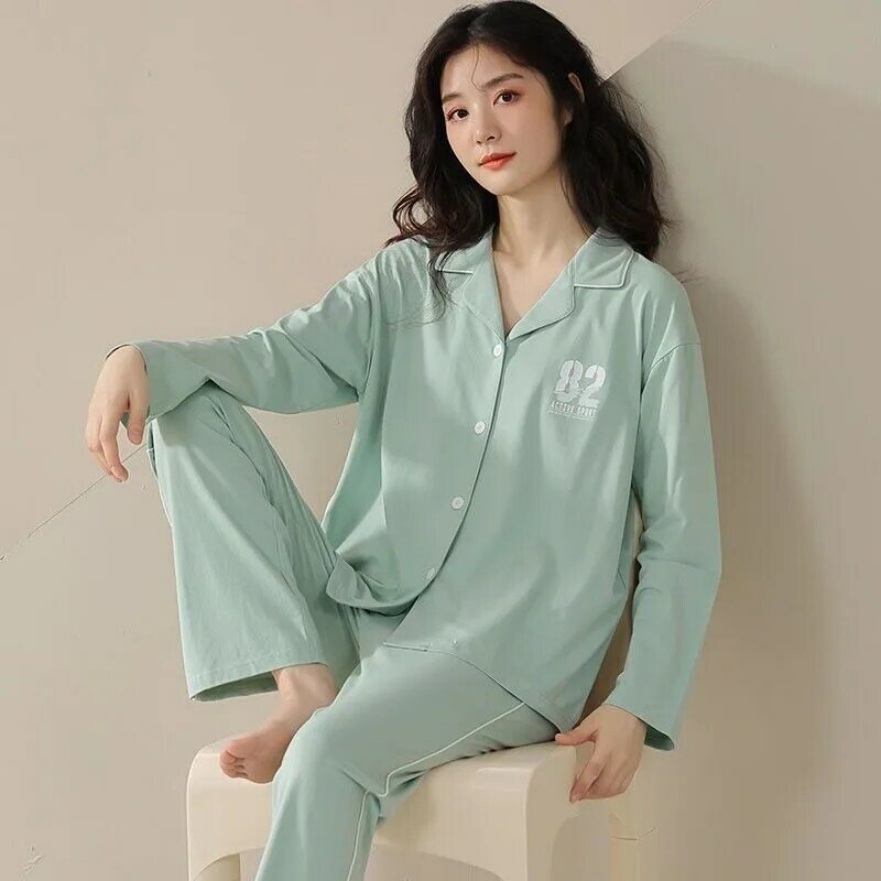 Conjunto de pijama de algodão de manga comprida feminino, terno simples em casa, pijama solto feminino, tamanho grande, lazer, novo, primavera e outono 2022