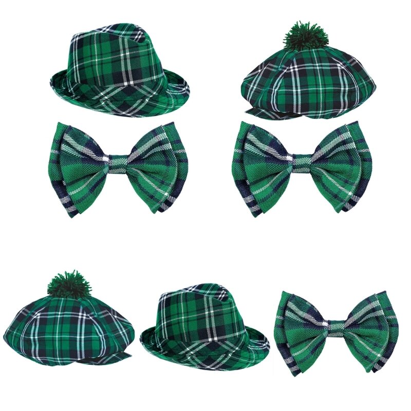 Y166 Adult Children St. Patricks Day Bowtie Painter Hat Set for Holiday Parades