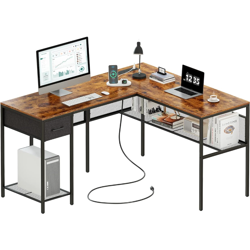 SUPERJARE escritorio en forma de L con tomas de corriente, escritorio de computadora con cajón, escritorio de esquina Reversible con estantería de almacenamiento de rejilla