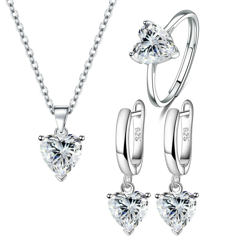925 Sterling Silver Jewelry Sets para Mulheres, Coração Zircon Anel, Brincos, Colar, Casamento Nupcial, Elegante, Natal, Frete Grátis
