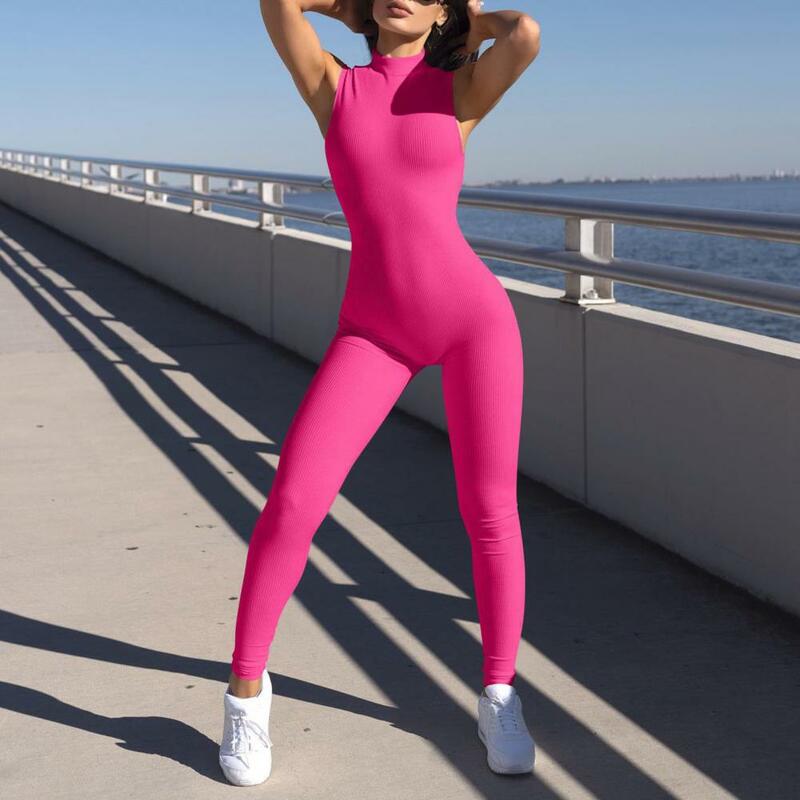 Jumpsuit olahraga wanita Jumpsuit warna Solid tanpa lengan setengah kerah tinggi Jumpsuit elastis penyerapan keringat mulus mengangkat pinggul Jumpsuit