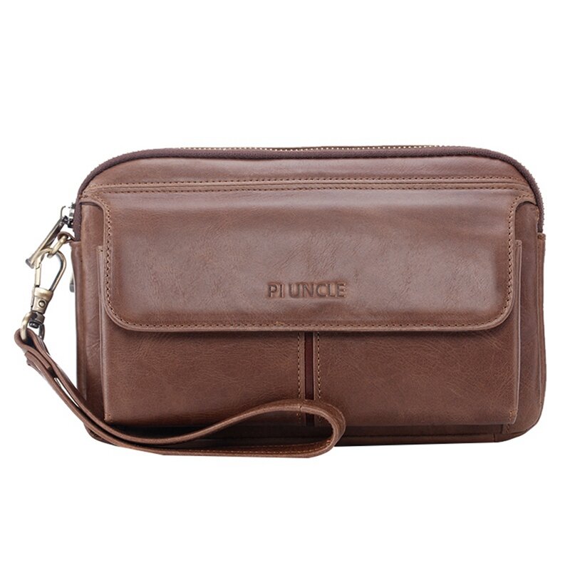 PI UNCLE tas tangan kulit untuk pria wanita, tas dompet tangan kasual bisnis kulit warna cokelat tua