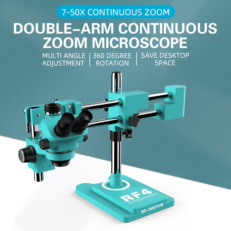 RF4 RF-7050TVW Double-arm Trinocular Stereo Microscope 7-50X Continuous Zoom 144 LED Ring Light for Electronic Phone Repair