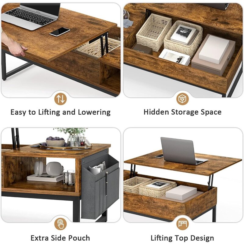 Mittel tisch mit Holzrahmen und Seiten taschen Verstellbarer Hub tisch für Wohnzimmer-Couch tische Café-Möbel