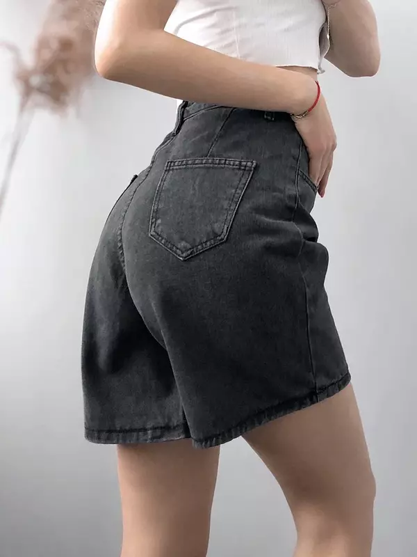 Short en jean bleu taille haute pour femme, avec bouton, décontracté, denim, nouveau, été, 2024