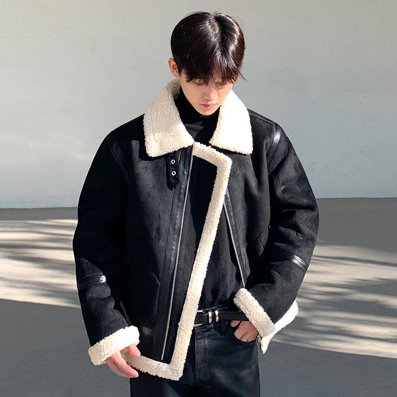 Jaket Katun Pria Korea Musim Dingin Beludru Jaket Katun Tren Longgar Menebal Bulu Terintegrasi Jaket Wol Domba
