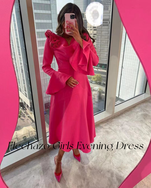 Flechazo Hot Pink Evening Dresses O Neck Tea-Length Rose Flower A Line Celebrity Party Dress For Women 2024 платье на выпускной