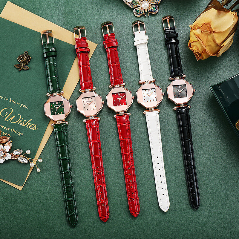 Relógio de luxo Polygon para mulheres, cristal, elegante, senhoras relógios, quartzo, couro, relógio de pulso feminino, moda relógio