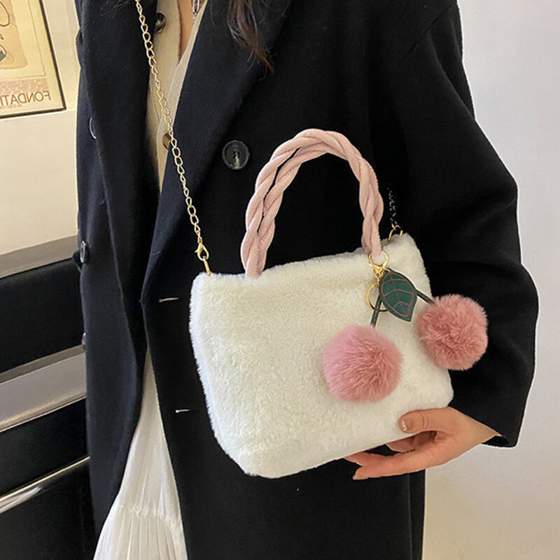 Plush Women Handbags Winter Fashion INS Design Shoulder Bag with Balls White/Black Artificial Fur Korean Hasp Crossbody Bags