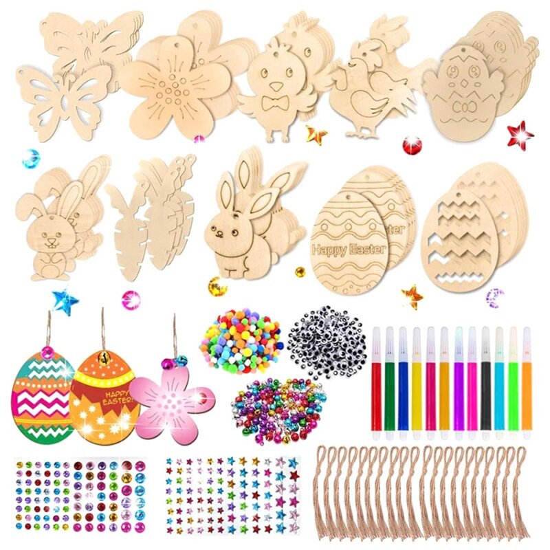 60 Stück Ostern Kinder Handwerk Holz Ornamente unvollendete Handwerk Kit hängende Verzierungen Handwerk Set für Kind Valentinstag Karte