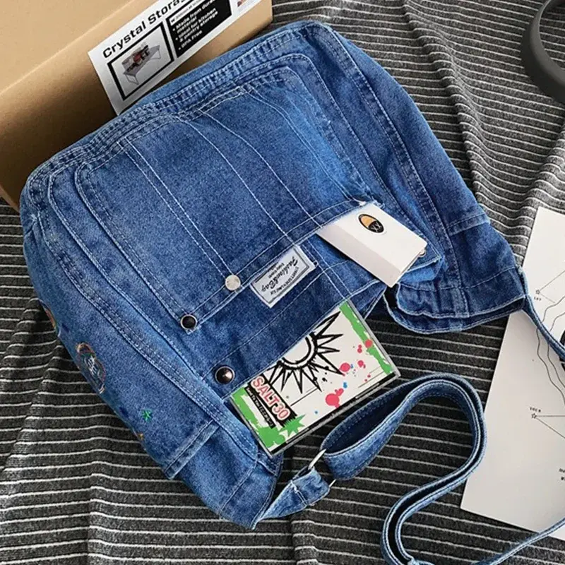 Multi Pocket weibliche Umhängetaschen hochwertige Jeans weiche tragbare Lady Chic Einkaufstaschen gewaschen Denim lässig Damen Umhängetasche