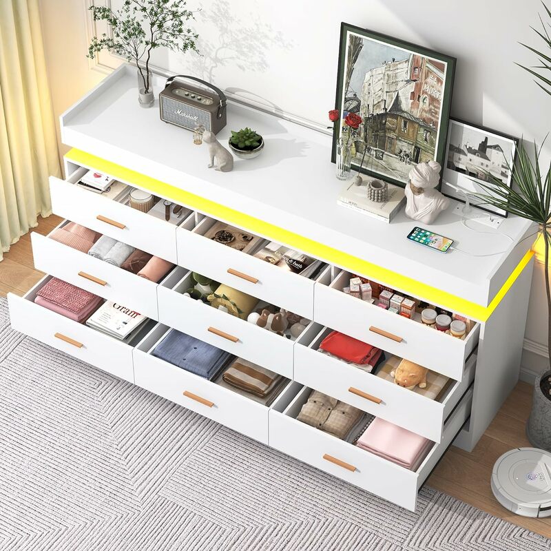 Drawer Dresser with Charging Station and LED Lights, Modern Chest of Drawers with Power Outlet, Organizer Cabinet for Bedroom