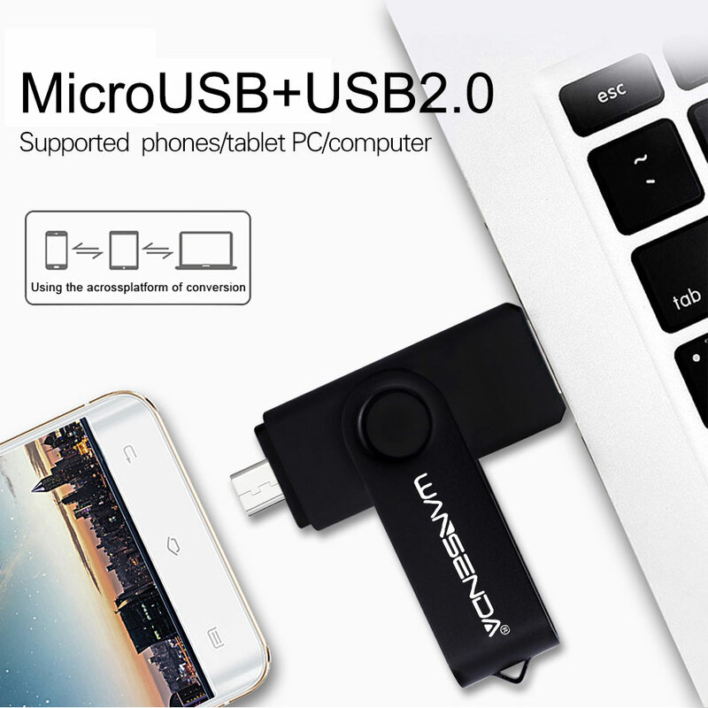 WANSENDA OTG 2 IN 1 USB 2.0 Flash Drive & MicroUSB Pen Drive 8GB 16GB 32GB 64GB 128GB 256GB Rotation Memory Stick U Disk