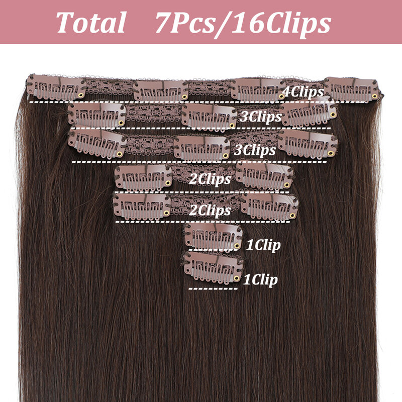 Extensões de cabelo remy retas brasileiras para mulheres, cabelo humano, marrom escuro Clip Ins, 100g, 7pcs