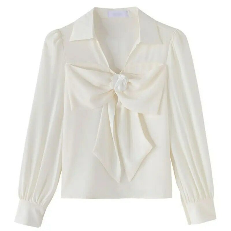Fall 2022 New Design Sense Chic Bow Top Women's V-neck Puff Sleeve Elegant White shirt