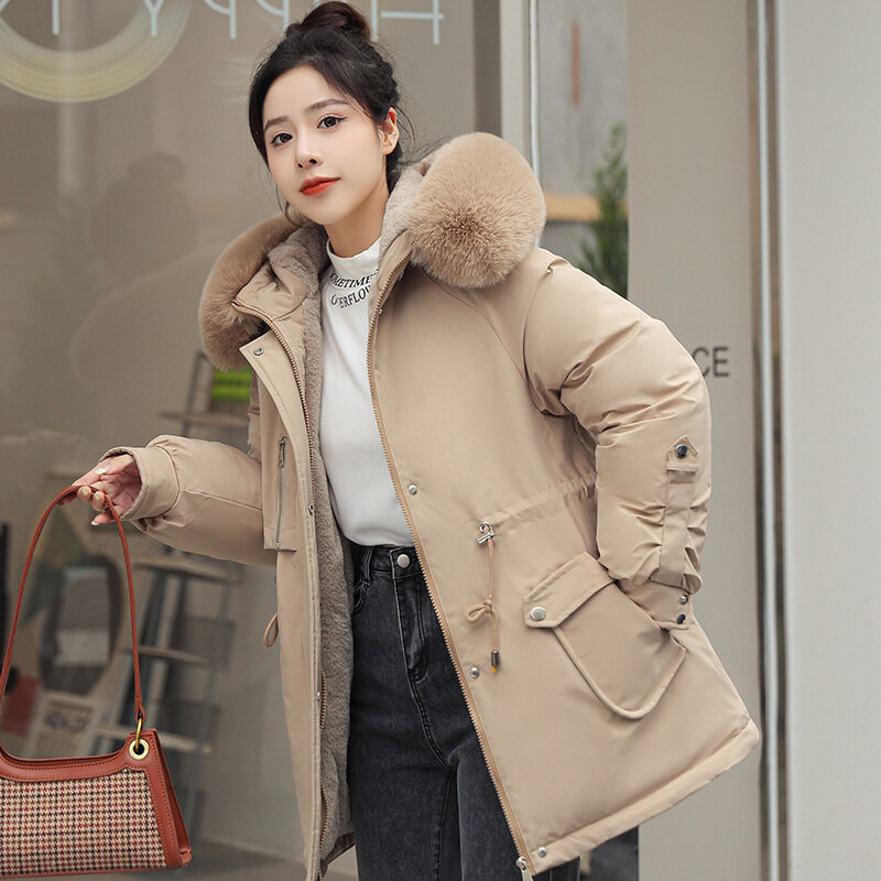 2024 New Plush Lining Parkas Women Long Winter Jacket Fur Collar Hooded Down Cotton Coat Female Loose Padded Puffer Outwear Tops