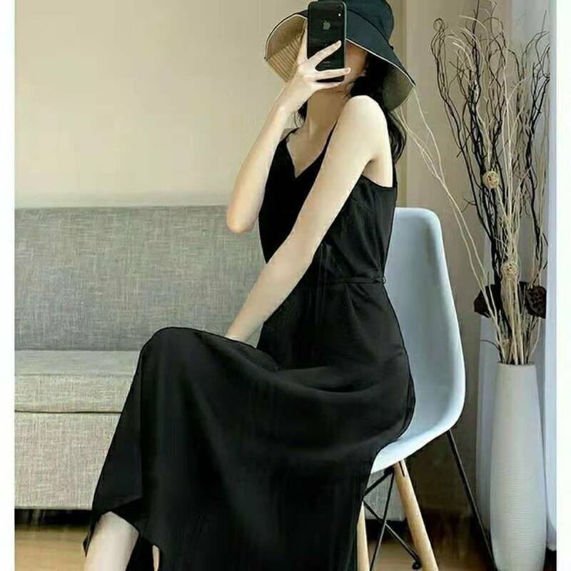 Black Chiffon Camisole Dress New Women's Summer Long Style Slimming Temperament Paired with a Bottom Long Skirt
