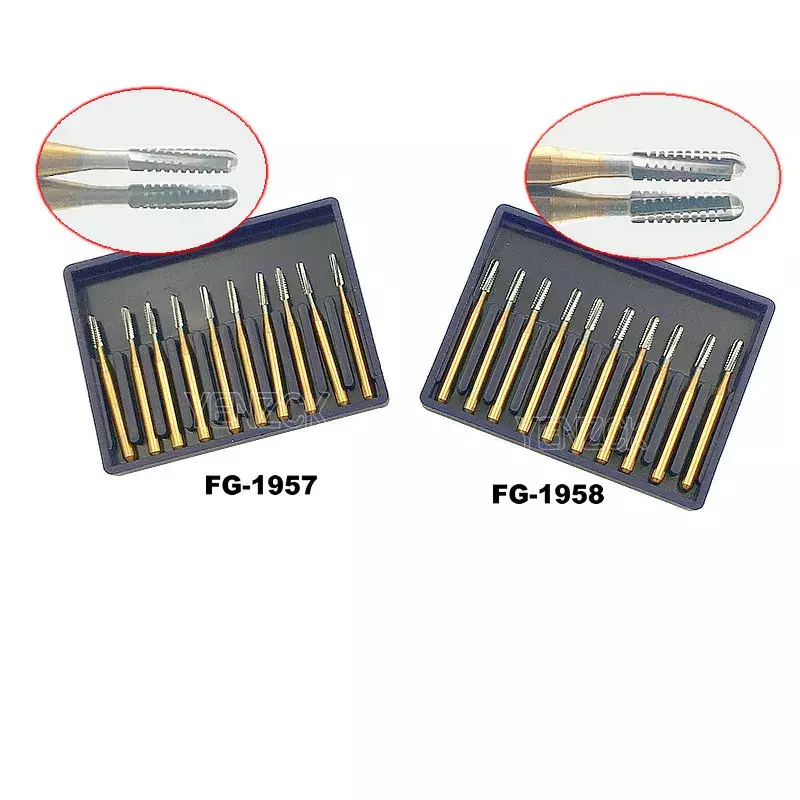 10 pçs/caixa dental carboneto de tungstênio aço burs coroa metal corte burs FG-1957/1958 odontologia materiais