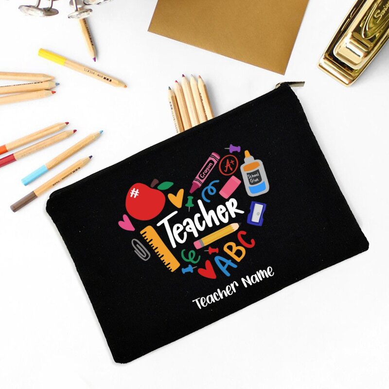 Personalised Makeup Bag Custom Name Cosmetic Case School Pencil Bags Travel Canvas Toiletry Pouch Teachers Day Gift for Teacher