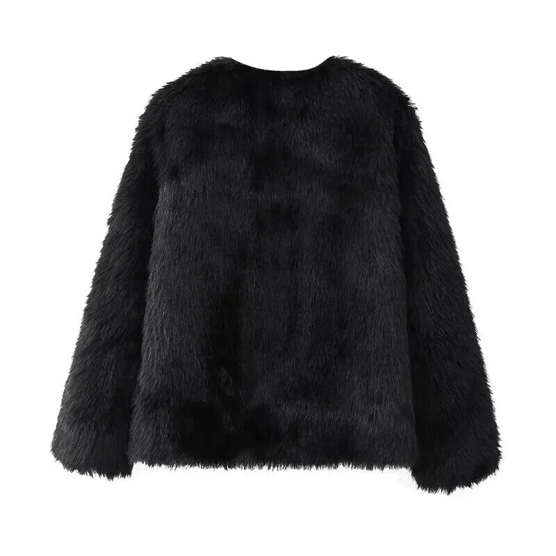 TRAF-casaco peludo de pele sintética para mulheres, jaqueta fofa preta luxuosa, cardigans de manga comprida, casacos elegantes, inverno