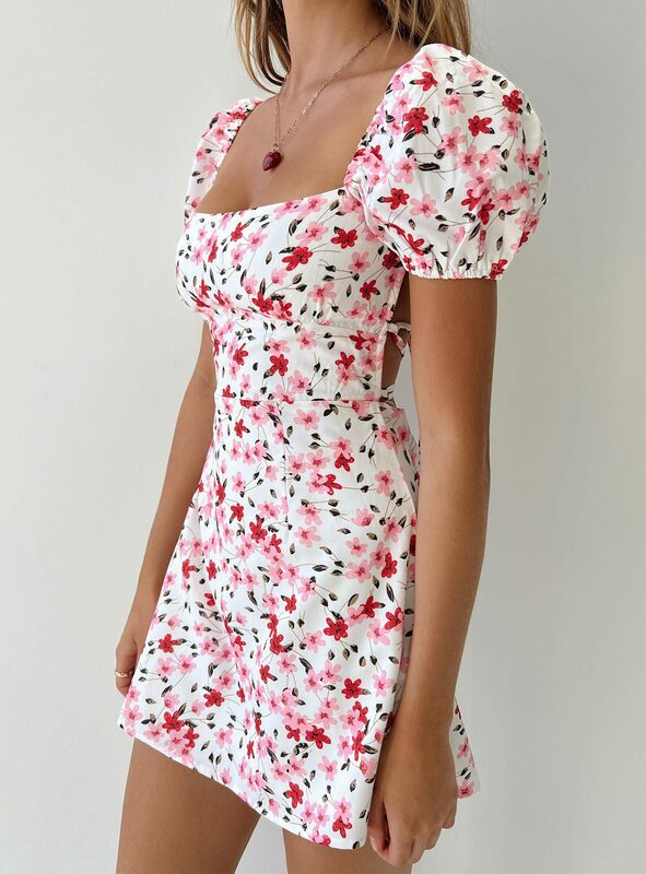 Summer New Floral Printing A-Line Skirt Casual Slim Fit One Line Neck Short Puff Sleeve Pullover Sweet Lace Up Open Back Dress