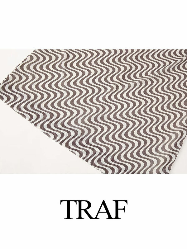 TRAF 2024 Summer Female Casual Backless Halterneck Lace Up Top+ A-Line High Waist Skirt Elegant 2 Piece Tulle Wave Print Set