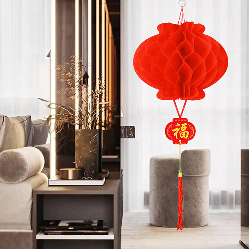Lanternas de papel vermelho chinesas tradicionais dobráveis, decoração de ano novo, penduradas, à prova d'água, festival, 2022, 10pcs