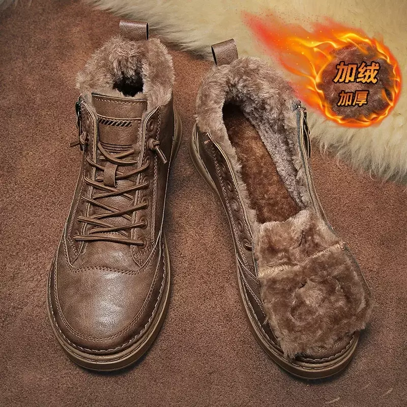 Stivali da uomo in pelle 2024new Winter Platform Warm Fur Ankle Short Lace Up Fashion Concise Casual Work Shoes Man botas para hombre