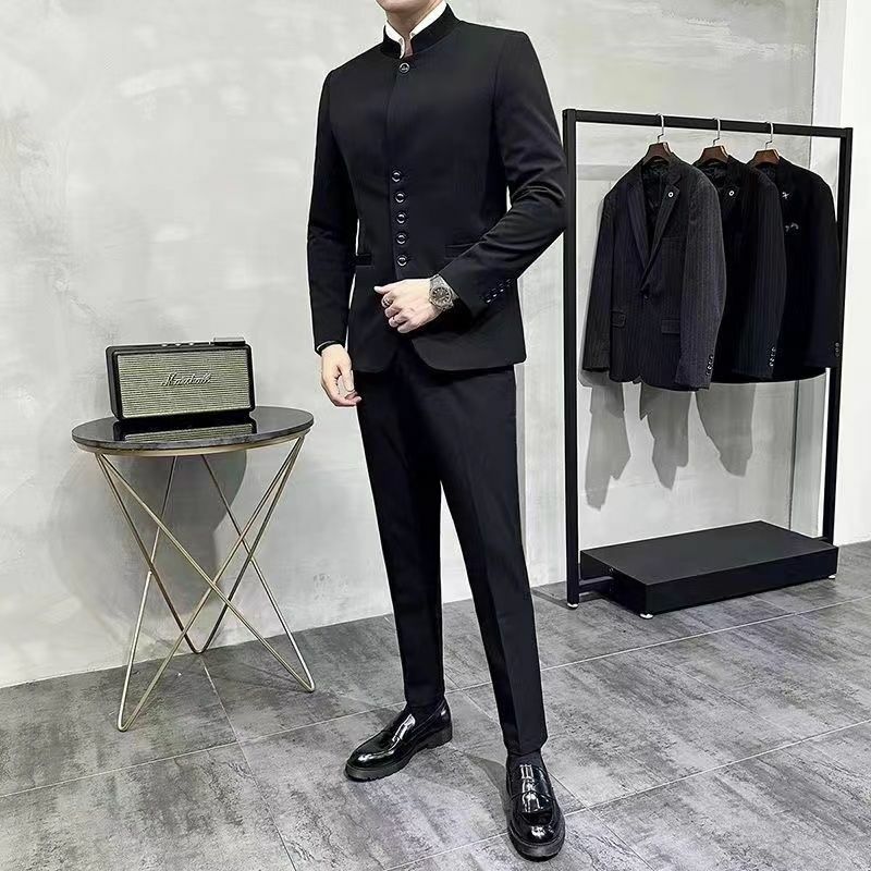 2-A17  New Chinese style suit men's jacket, high-end, handsome, stand-up collar suuy casual, high-end collarless youth tunic s