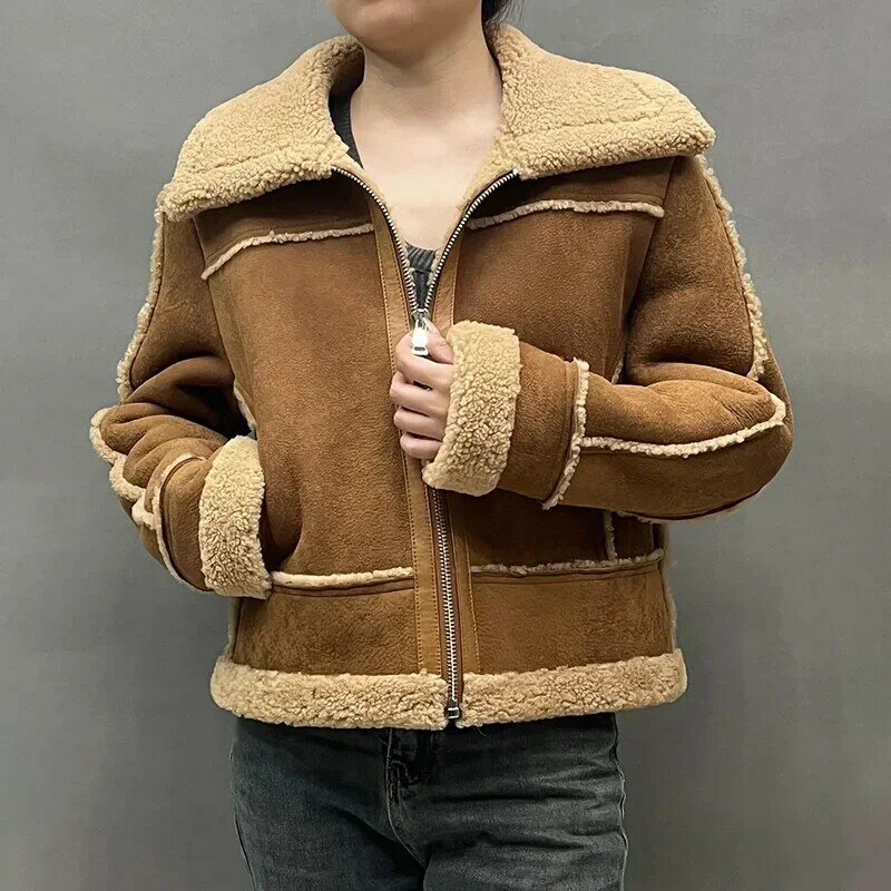 Chaqueta forrada de lana para mujer, abrigo grueso y cálido de piel de oveja auténtica, ropa de abrigo Vintage, moda de invierno