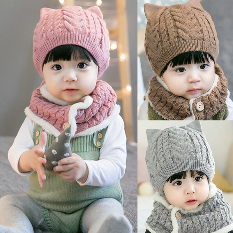 Infant Baby Kids Winter 2 Pieces Beanie Hat with Button Circle Scarf Set Cartoon for Cat Ears Cable Knit Skull Cap Thick