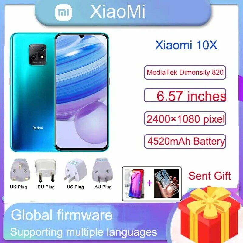 Xiaomi – Smartphone Redmi 10X, téléphone portable, caméra arrière, plein écran 6.53 pouces, grande batterie 5020mAh, 4 go + 128 go, Original