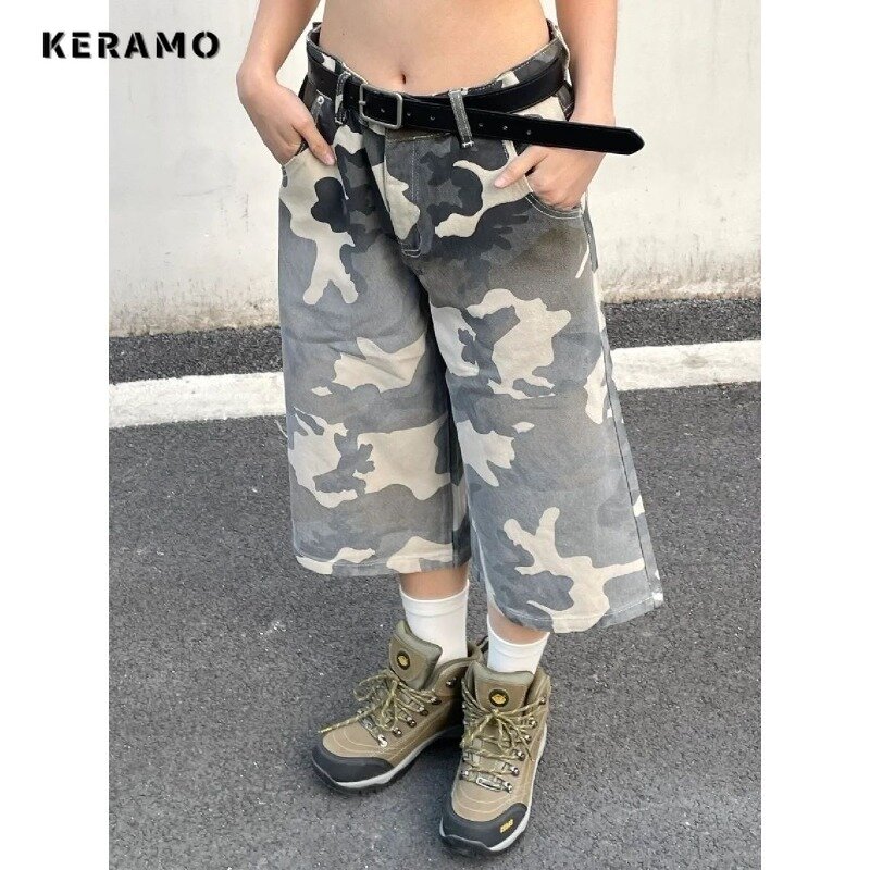 Shorts americanos Harajuku de cintura alta meio longo denim para mulheres, estilo de rua, retrô hotsweet, ajuste solto, moda, verão, Y2K, 2024