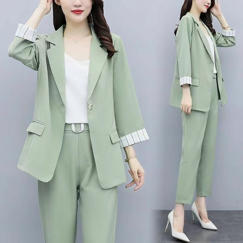 용수철 여름 여성 작업복 세트, 한국 오피스 레이디 블레이저 슬링 팬츠, 얇은 재킷 바지, 3 피스 수트 패션
