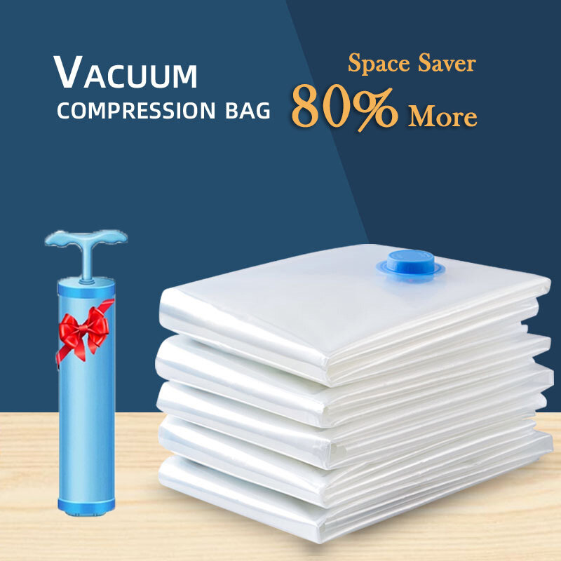 Vacuum Storage Bags Space Saver 80% More Compression Organizer Vacuum Sealer Bags with Travel Hand Pump for Blankets Clothes