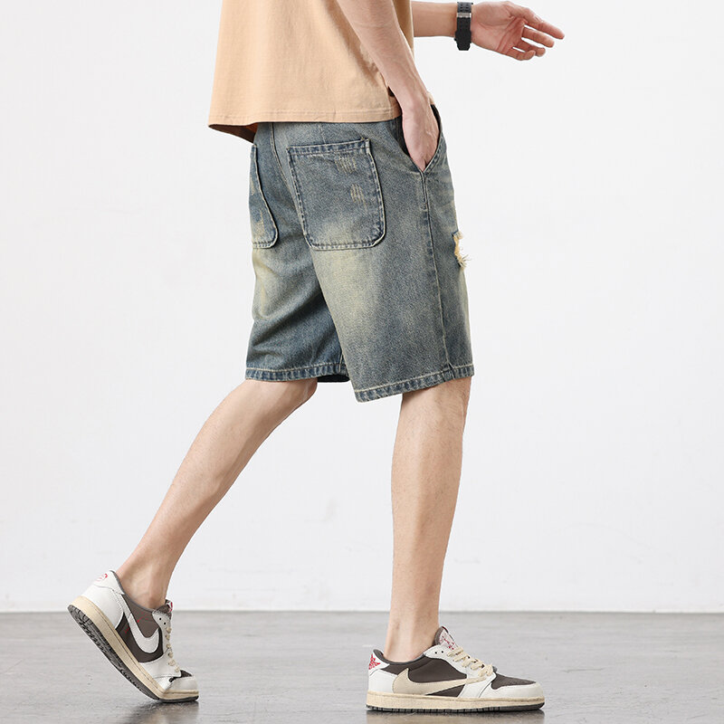 Celana pendek Denim Vintage pria, Jeans pendek kasual robek lubang longgar kasual gaya Korea Hip Hop Musim Panas 2024