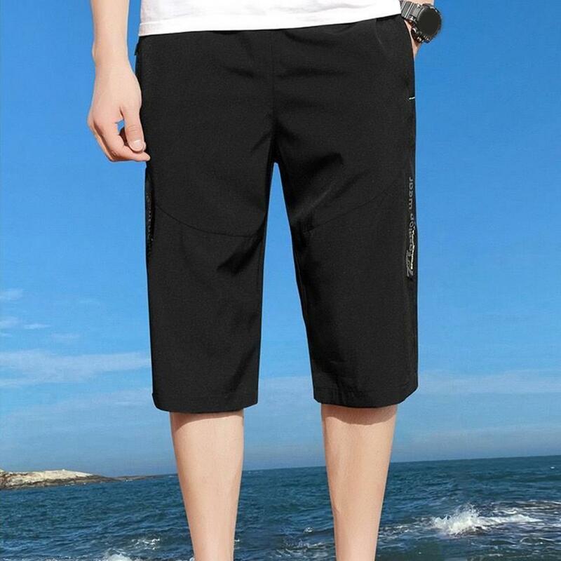 Thin Ice Silk Shorts Ice Silk Loose Fit Casual Pants Breathable Mid-calf Length Men's Cropped Pants with Elastic for Comfortable