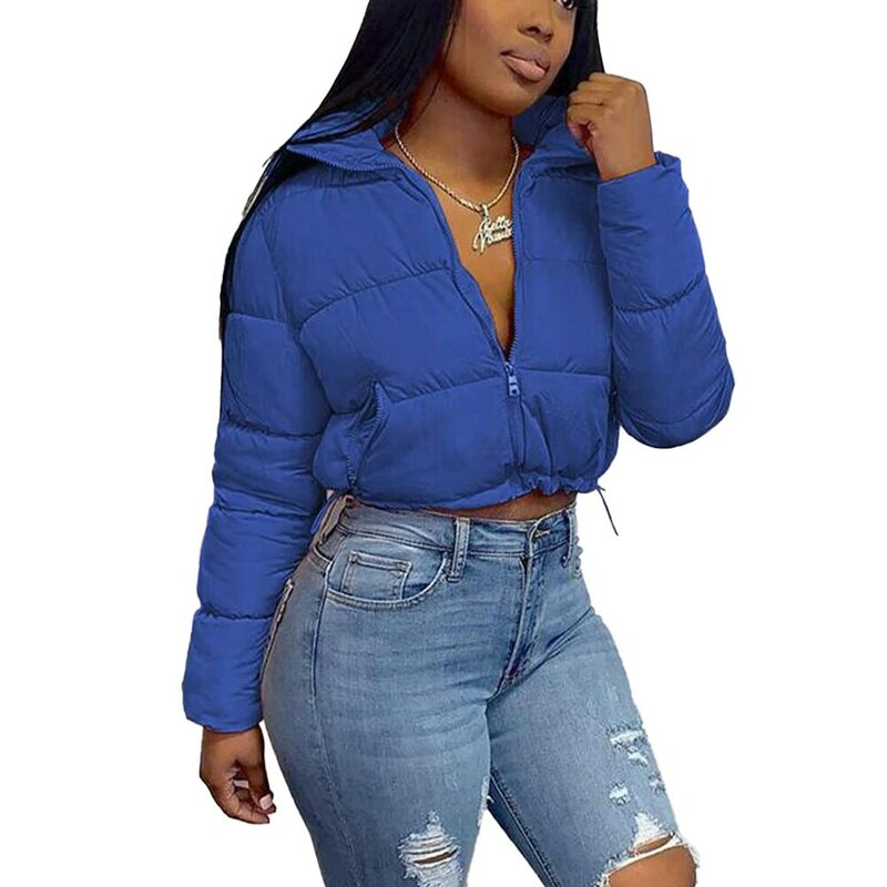 Winter Women's Warm Parkas Coats Stand Collar Thick Padded Quilted Overcoat Cropped Short Jackets Zip Up Outwear Female Tops