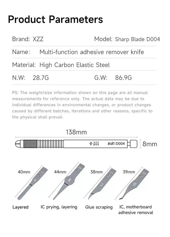 XZZ D004 cuchillo de eliminación de pegamento multifuncional, hoja elástica pulida a mano, tablero principal de pegamento negro, CHIP IC, herramienta de eliminación de adhesivo de borde