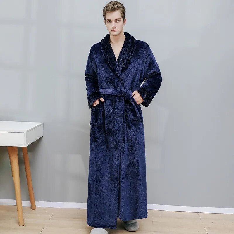 Albornoz largo de lana de Coral para hombre y mujer, batas acogedoras, Kimono, bata de baño de franela cálida, ropa de dormir de noche, bata de invierno