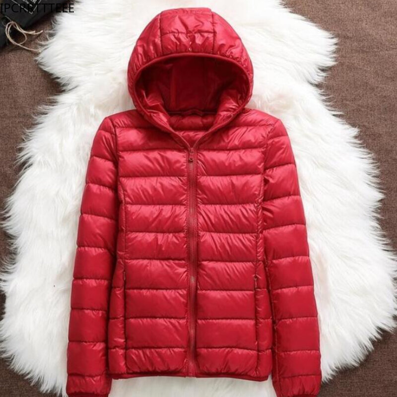 女性の冬のジャケット,無地,ポータブル,フック付き,白いダックダウン,超軽量,秋と冬,90%