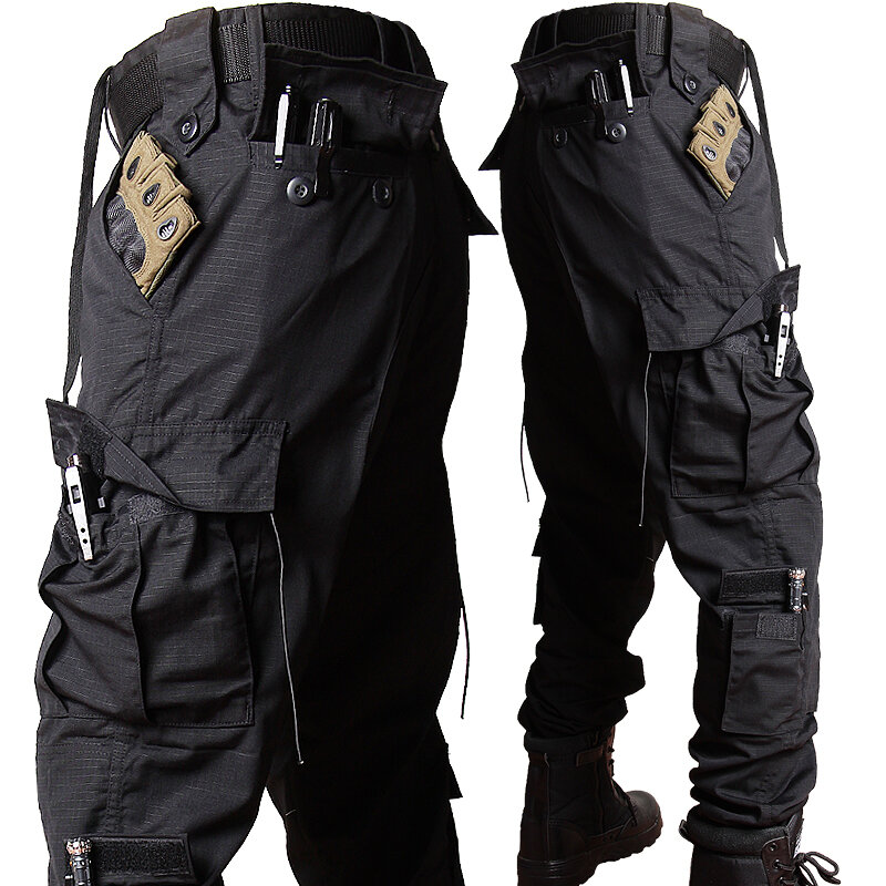 Jaqueta preta de treinamento tático para homens, resistente ao desgaste, bolso múltiplo, resistente a rasgões, calça cargo, terno de primavera, ao ar livre
