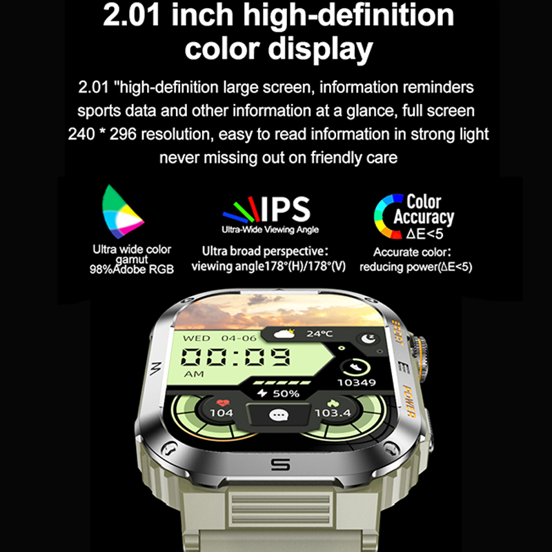 Robuste und langlebige militärische Smartwatch IP68 wasserdicht 2,01 ''HD-Display Bluetooth Voice Smartwatch für Android iOS Xiaomi