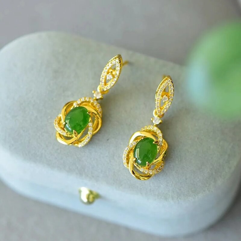 Hetian Jade anting-anting kancing batu alami Jasper, aksesori perhiasan jimat perhiasan canggih modis untuk wanita